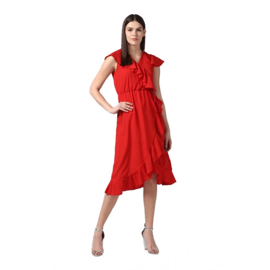 Indoraa Women's Polyester Ruffled Cap Sleeve Knee-Length Dress (Red)