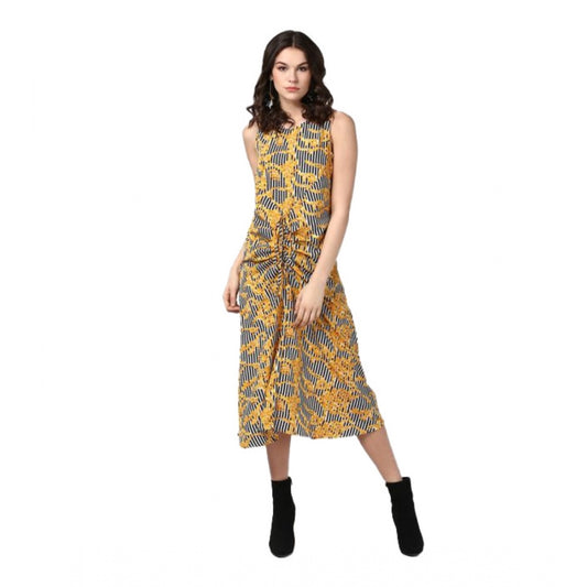 Indoraa Women's Polyester Chain Print Sleeveless Below Knee Dress (Yellow - Black)