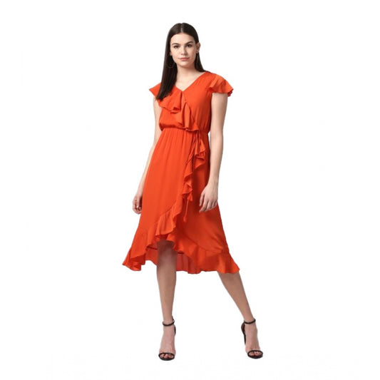 Indoraa Women's Polyester Ruffled Cap Sleeve Knee-Length Dress (Orange)