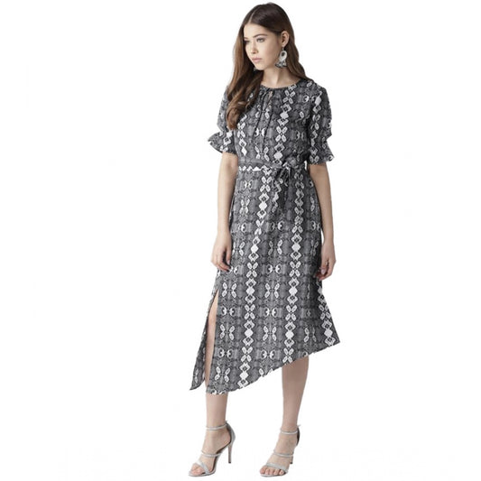 Indoraa Women's Polyester Animal Print Short Sleeve Knee-Length Dress (Black - White)