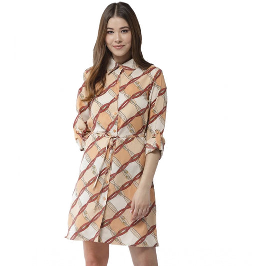 Indoraa Women's Polyester Printed Roll Up Sleeve Above Knee Dress (Off White - Brown)
