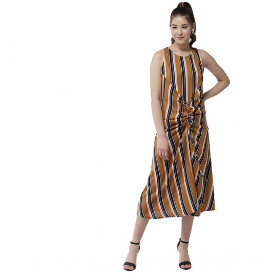 Indoraa Women's Polyester Striped Sleeveless Below Knee Dress (Mustard)