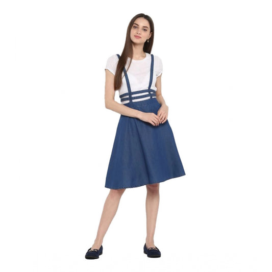 Indoraa Women's Denim Solid Shoulder Straps Below Knee Dress (Blue)
