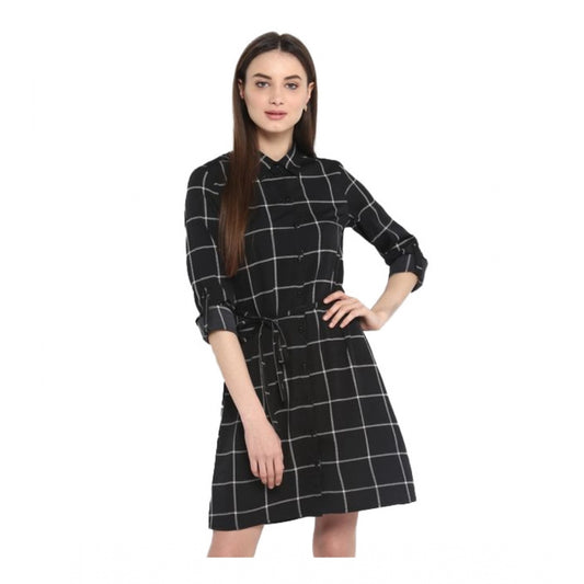 Indoraa Women's Polyester Checkered Roll Up Sleeve Above Knee Dress (Black - White)