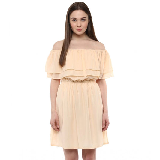 Indoraa Women's Polyester Solid Sleeveless Knee-Length Dress (Beige)