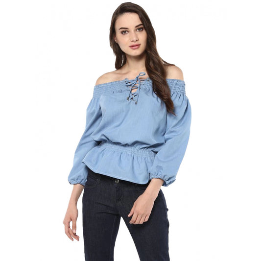 Indoraa Women's Denim Solid 3-4th Sleeves Regular Top (Blue)