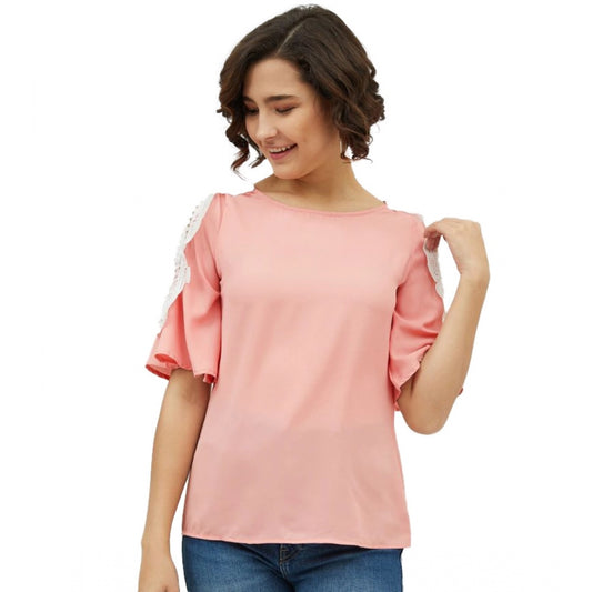 Indoraa Women's Polyester Lace Inserts Cold Shoulder Top (Pink)