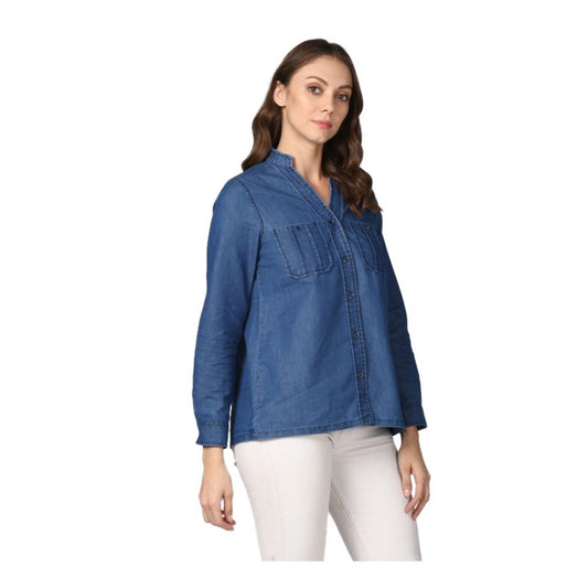 Indoraa Women's Denim Solid Long Sleeves Top (Blue)
