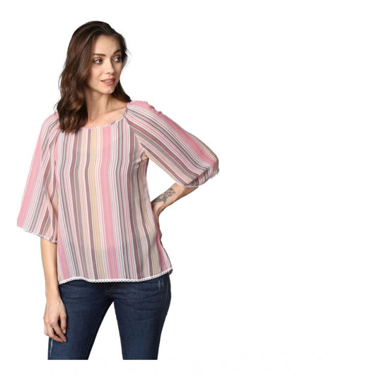 Indoraa Women's Polyester Striped 3-4th Sleeves Top (Pink)