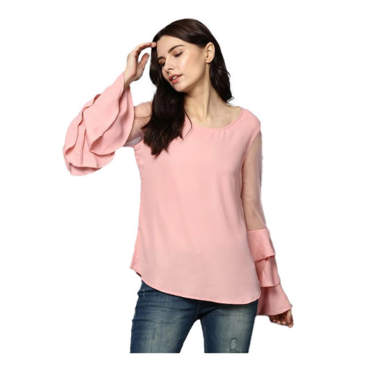 Indoraa Women's Polyester Solid Tier Sleeve Top (Pink)