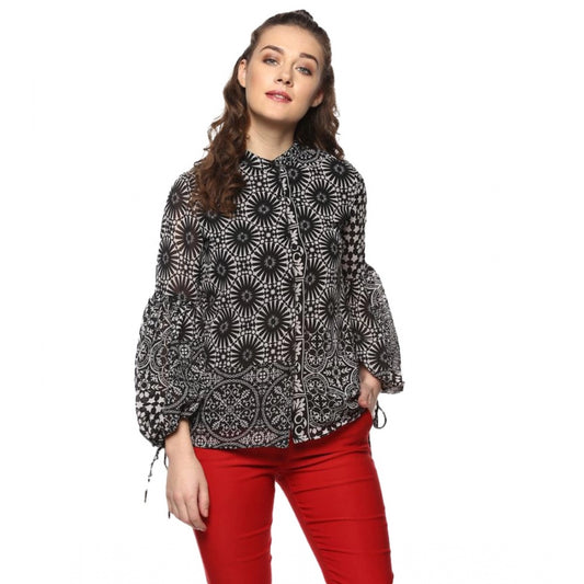 Indoraa Women's Polyester Printed Balloon Sleeve Top (Black - White)