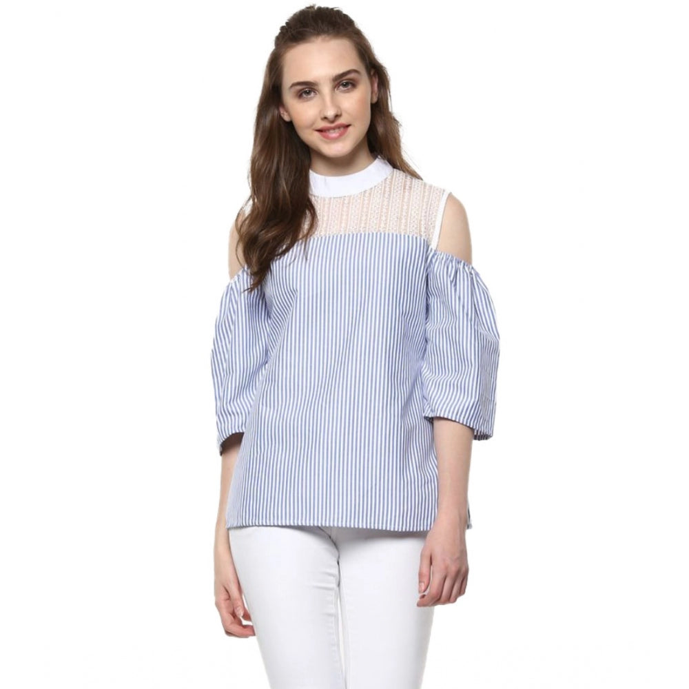 Indoraa Women's Cotton Striped Cold Shoulder Top (Blue)