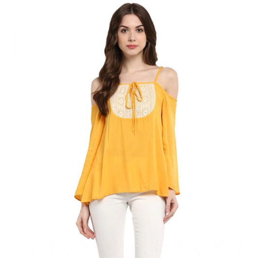 Indoraa Women's Rayon Embellished Cold Shoulder Regular Top (Mustard Yellow)