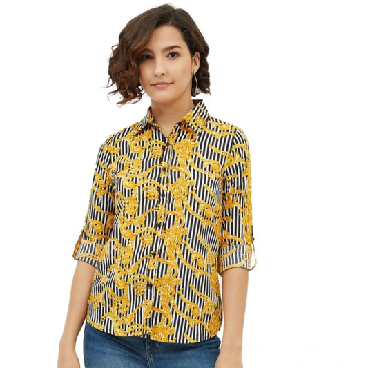 Indoraa Women's Polyester Printed Roll Up Sleeve Standard Length Shirt (Mustared)