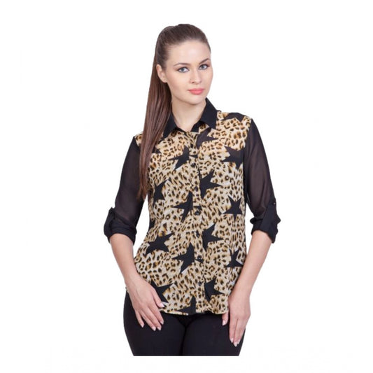 Indoraa Women's Polyester Printed Roll Up Sleeve Standard Length Shirt (Black)