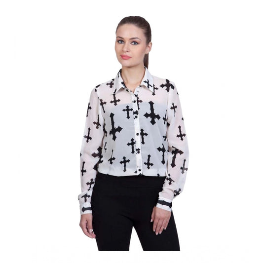 Indoraa Women's Polyester Printed Long Sleeves Standard Length Shirt (White)