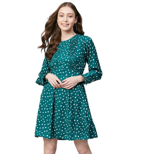 Indoraa Women's Polyester Polka Long Sleeves Above Knee Dress (Green - White)