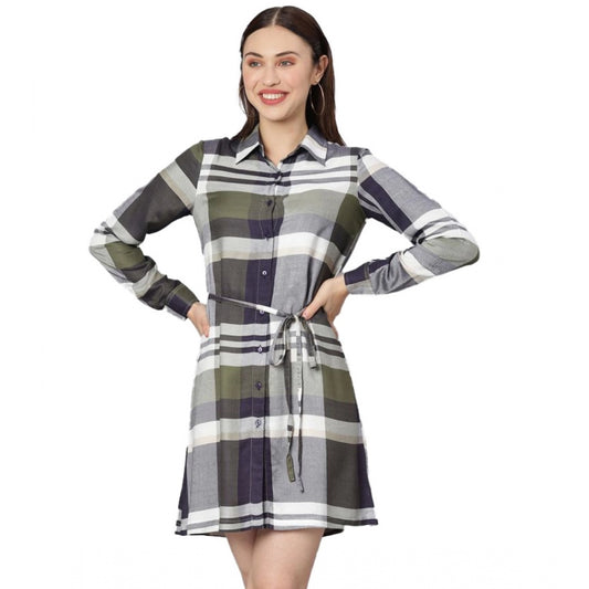 Indoraa Women's Cotton Checkered Long Sleeves Above Knee Dress (Olive - White)