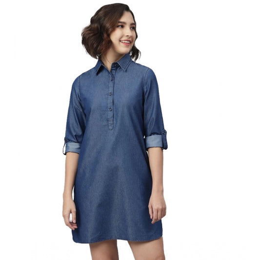 Indoraa Women's Denim Solid Long Sleeves Above Knee Dress (Navy Blue)