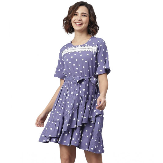 Indoraa Women's Polyester Polka Bell Sleeve Above Knee Dress (Lavender)