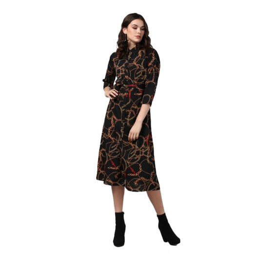 Indoraa Women's Polyester Chain Print Roll Up Sleeve Below Knee Dress (Black - Yellow)