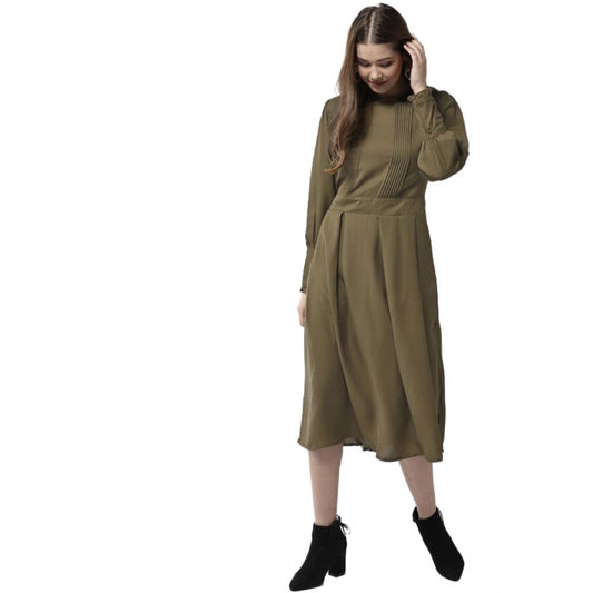 Indoraa Women's Polyester Pintuck Long Sleeves Below Knee Dress (Olive)