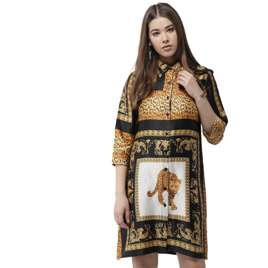 Indoraa Women's Satin Animal Print 3-4th Sleeves Above Knee Dress (White - Orange)