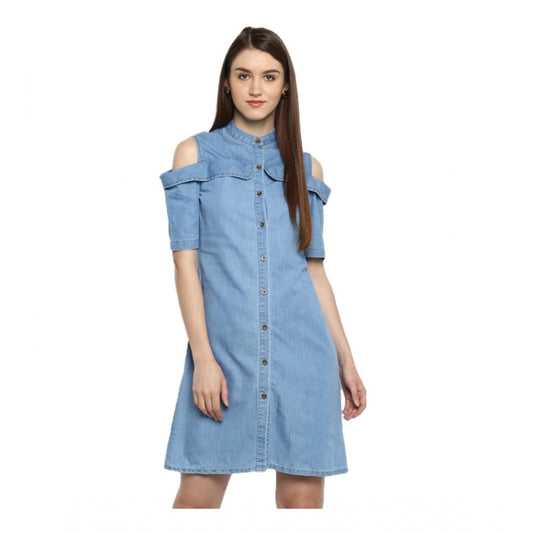 Indoraa Women's Denim Solid Cold Shoulder Above Knee Dress (Blue)