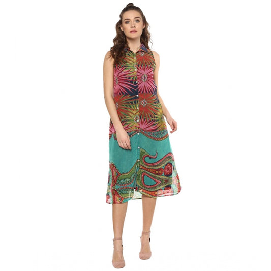 Indoraa Women's Polyester Floral Sleeveless Below Knee Dress (Multicolor)