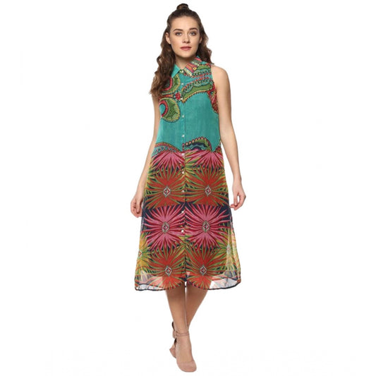 Indoraa Women's Polyester Floral Sleeveless Below Knee Dress (Multicolor)