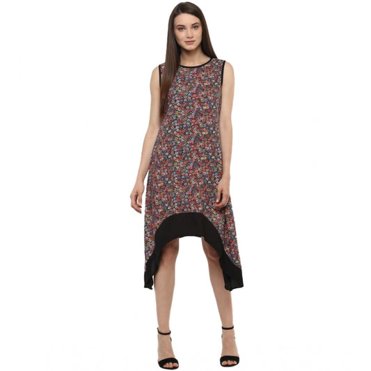Indoraa Women's Polyester Printed Sleeveless Knee-Length Dress (Multicolor)