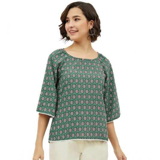 Indoraa Women's Polyester Printed 3-4th Sleeves Top (Green)