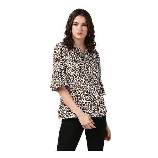 Indoraa Women's Polyester Animal Print Bell Sleeve Top (Orange - Black)
