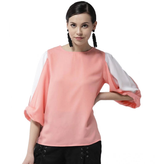 Indoraa Women's Polyester Colour Block Slit Sleeve Top (Pink)