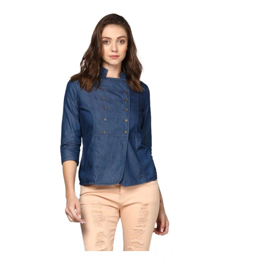 Indoraa Women's Denim Solid 3-4th Sleeves Top (Blue)