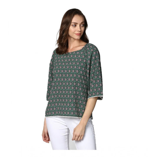 Indoraa Women's Polyester Printed 3-4th Sleeves Top (Green)