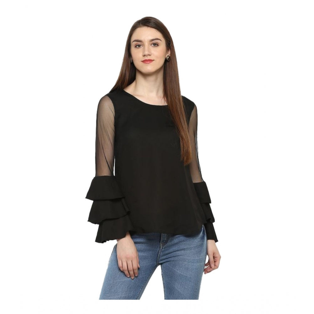 Indoraa Women's Polyester Solid Tier Sleeve Top (Black)