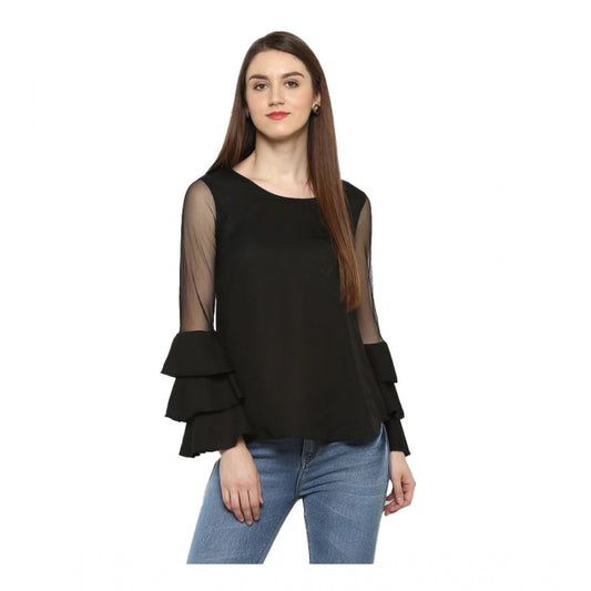 Indoraa Women's Polyester Solid Tier Sleeve Top (Black)