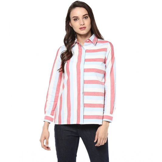 Indoraa Women's Cotton Striped Roll Up Sleeve Regular Top (Red)