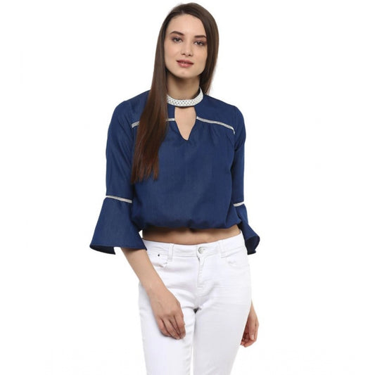 Indoraa Women's Polyester Solid Bell Sleeve Regular Top (Blue)