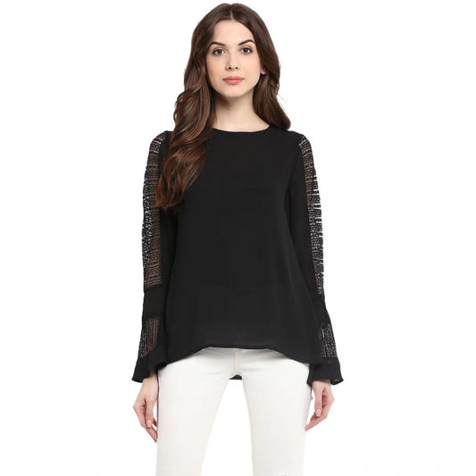 Indoraa Women's Polyester Georgette Self Design Bell Sleeve Regular Top (Black)