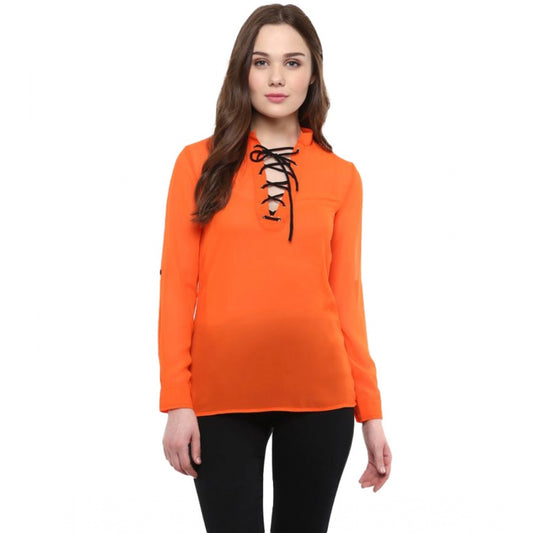Indoraa Women's Polyester Solid Long Sleeves Regular Top (Orange)