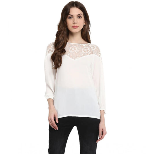 Indoraa Women's Polyester Georgette Self Design 3-4th Sleeves Regular Top (White)