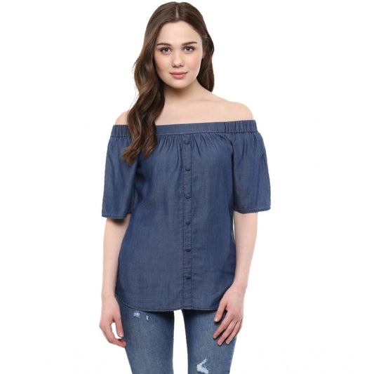 Indoraa Women's Denim Solid Short Sleeve Regular Top (Blue)