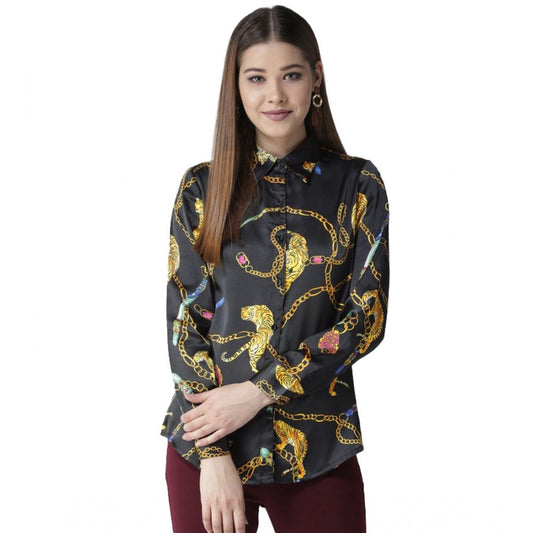 Indoraa Women's Satin Printed Long Sleeves Standard Length Shirt (Black - Gold)