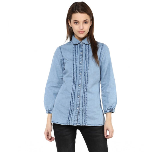 Indoraa Women's Denim Solid 3-4th Sleeves Standard Length Shirt (Blue)
