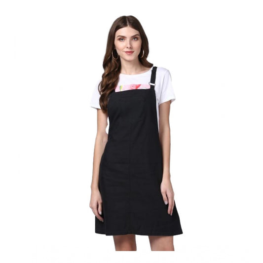 Indoraa Women's Denim Solid Shoulder Straps Above Knee Dungaree (Black)