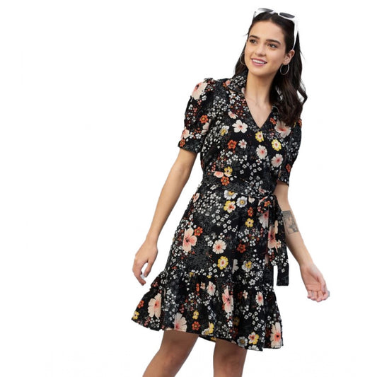 Indoraa Women's Polyester Floral Short Sleeve Above Knee Dress (Black)