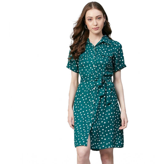 Indoraa Women's Polyester Polka Short Sleeve Above Knee Dress (Blue - White)