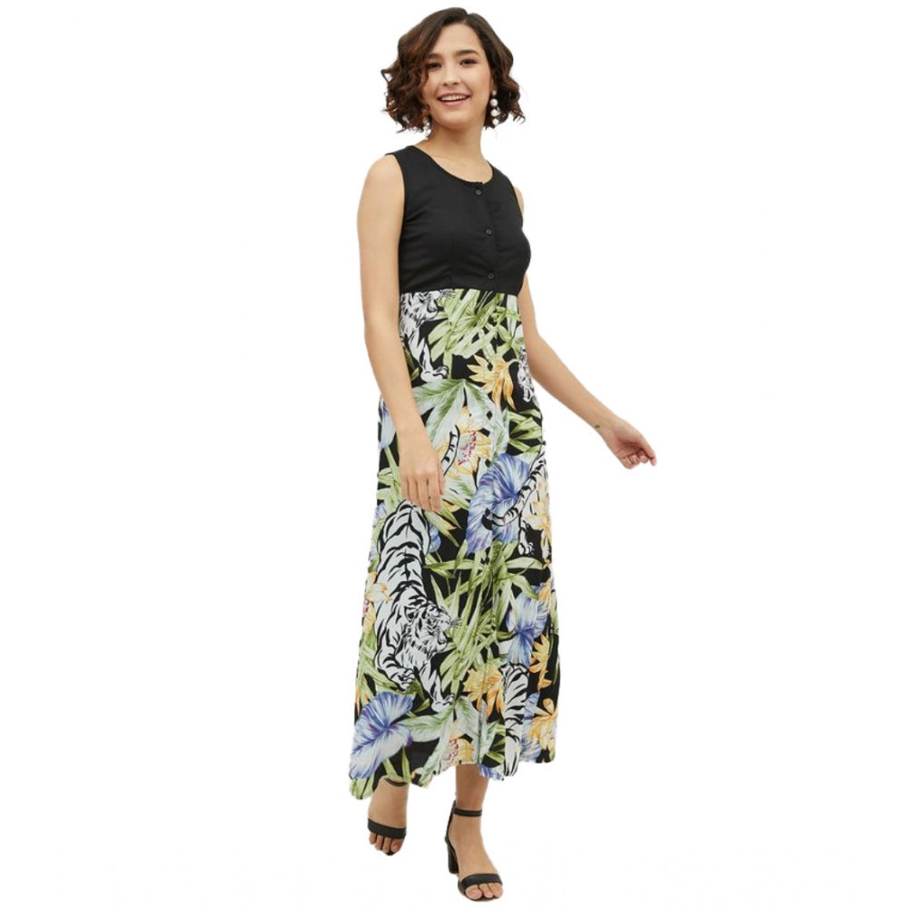 Indoraa Women's Rayon Floral Sleeveless Calf-length Dress (Multicolor)